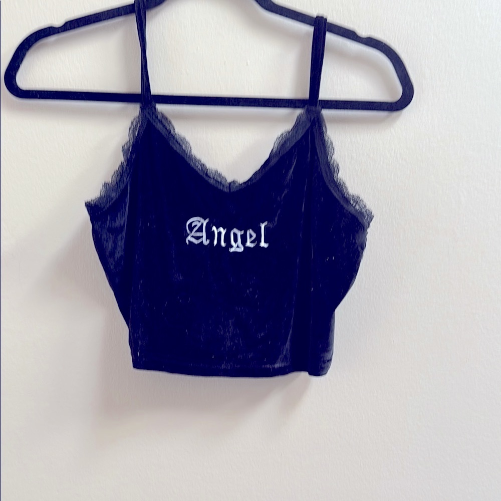 -Black Y2K Velvet 'Angel' Camisole Top